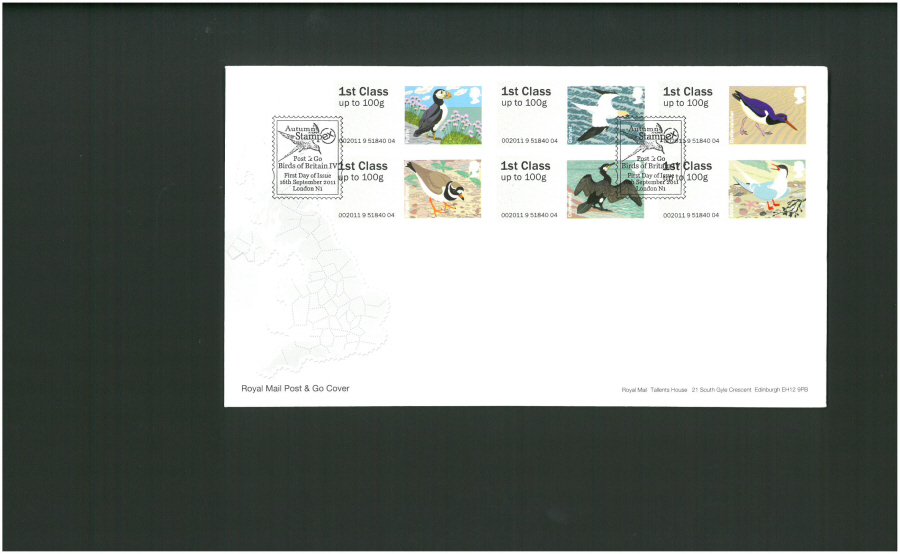 2011 Royal Mail Birds of Britain 4 Post & Go First Day Cover, Stampex London N1 Postmark